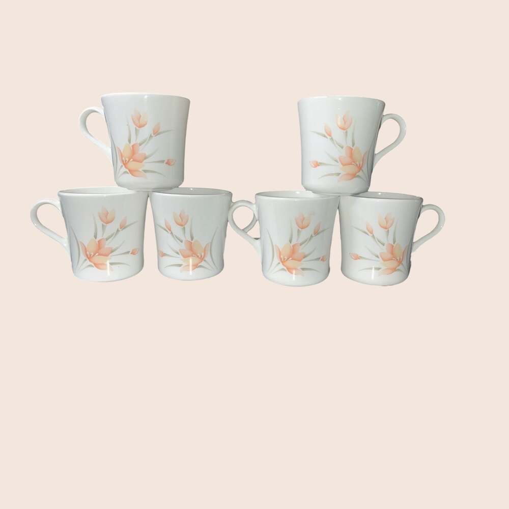 Vintage Corelle by Corning Peach Floral Pattern Coffee Mugs, Set of 6